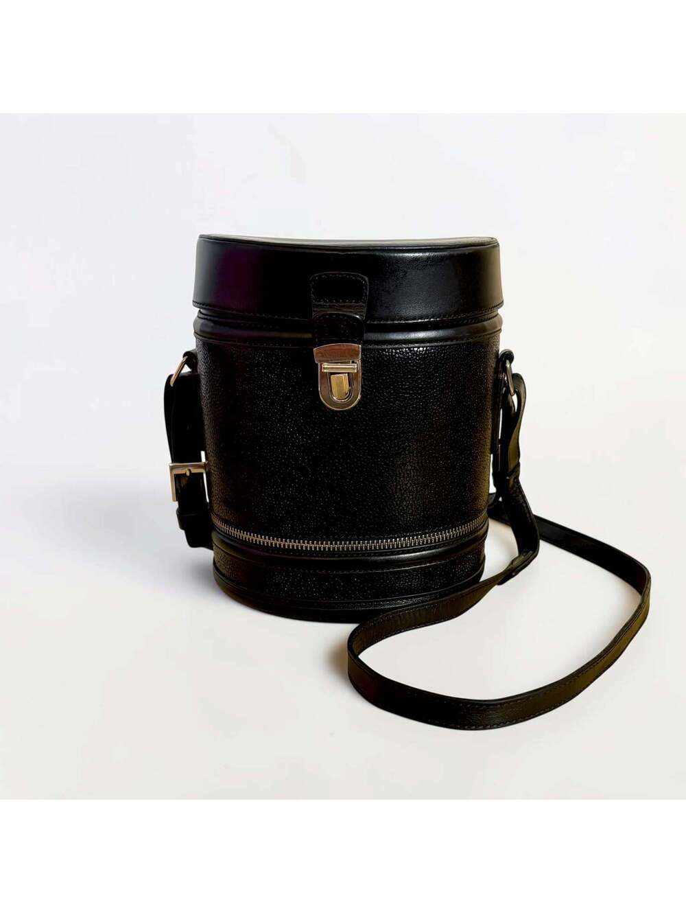 Line Jagot Vintage Black Pebble Leather Hard Shell Cylinder Bucket Crossbody Bag